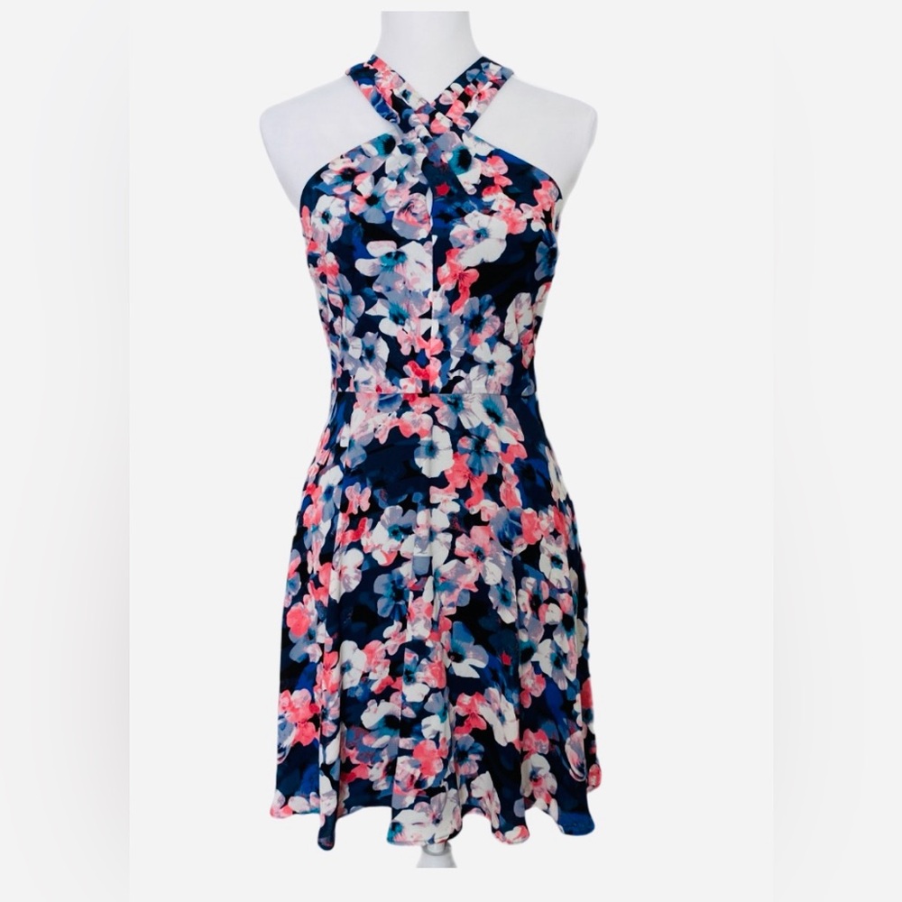 Express blue and pink floral print mini dress criss-cross halter neckline